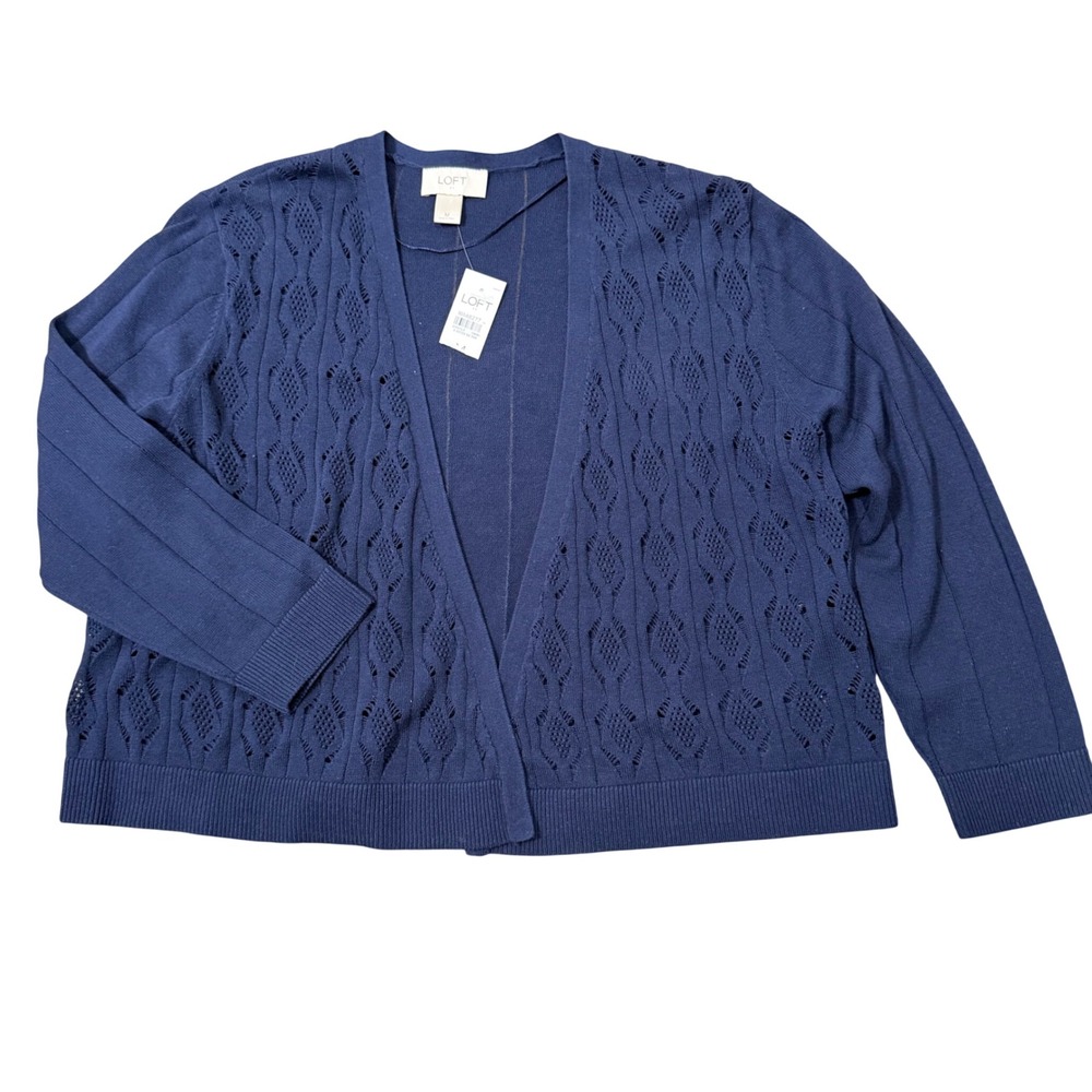 LOFT Navy Pointelle Cropped Open Front Cardigan NEW (M) Lightweight All Season